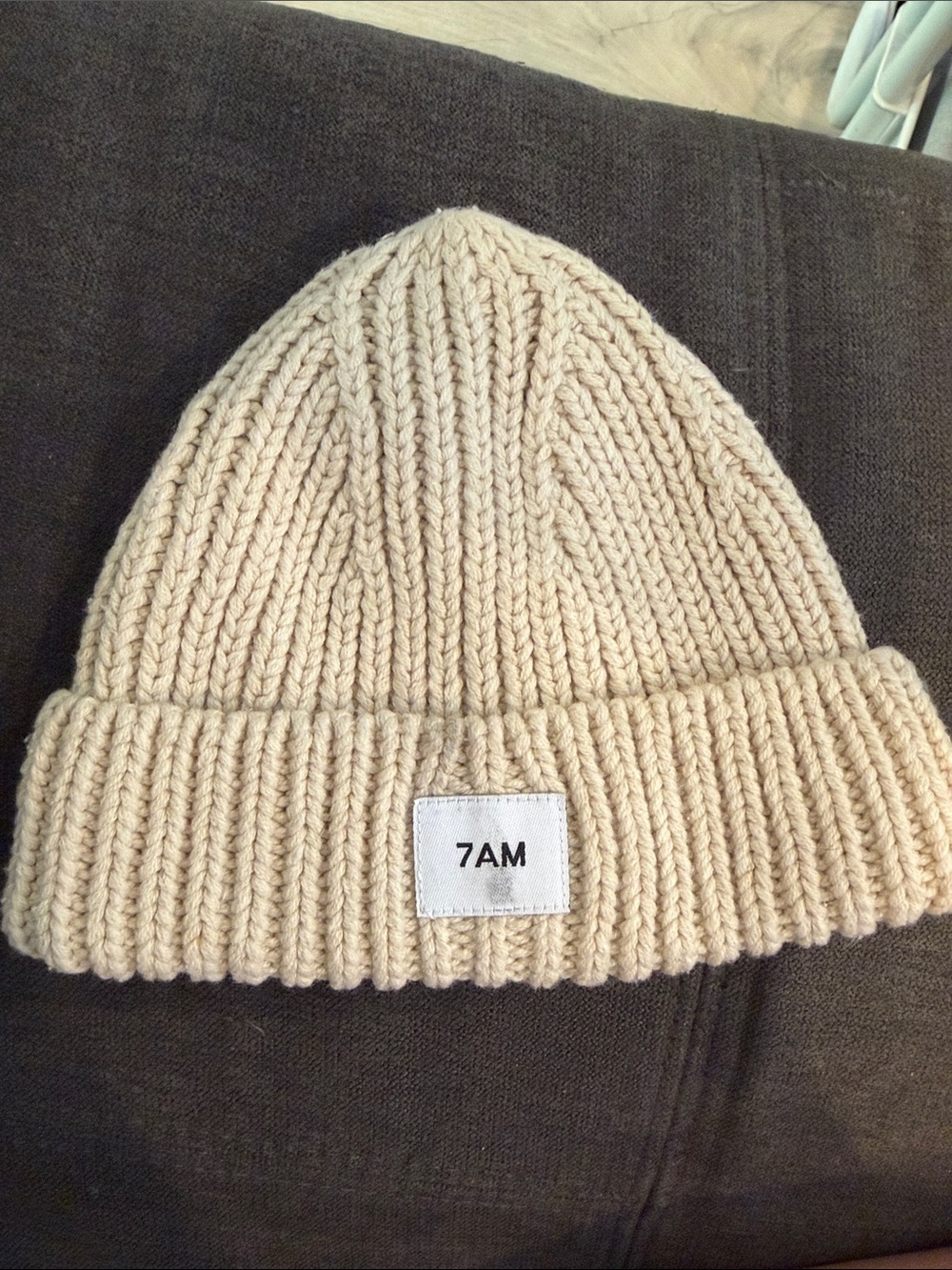 7AM Cream Ribbed Knit Beanie